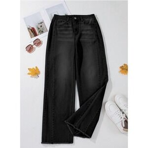 Sidefeel High Rise Wide Leg Black Jeans | Size 10 | Frayed Hem | Stretch Denim